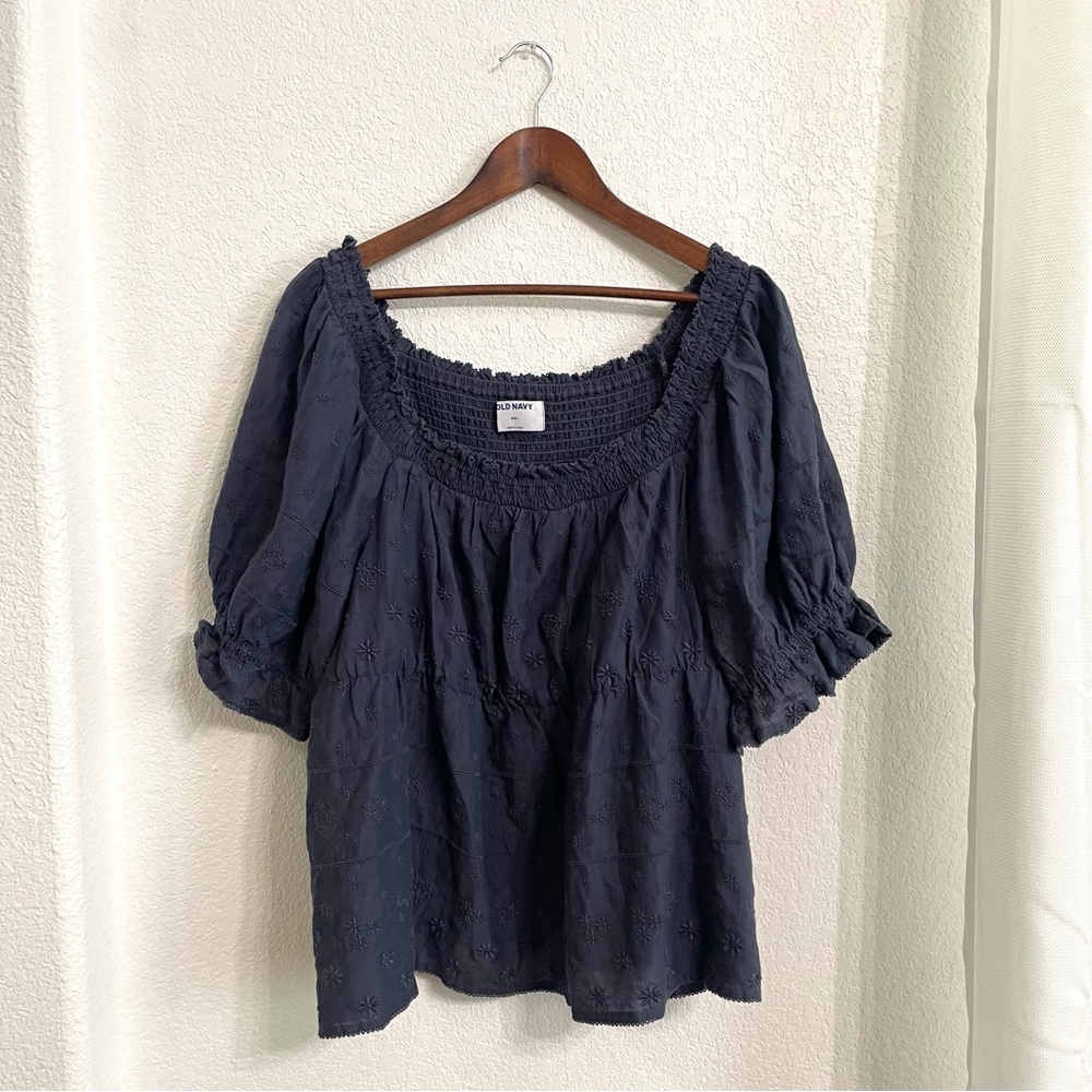 Old Navy Womens Shirt Blouse Blue Floral Embroidered Smocked Back Size XXL